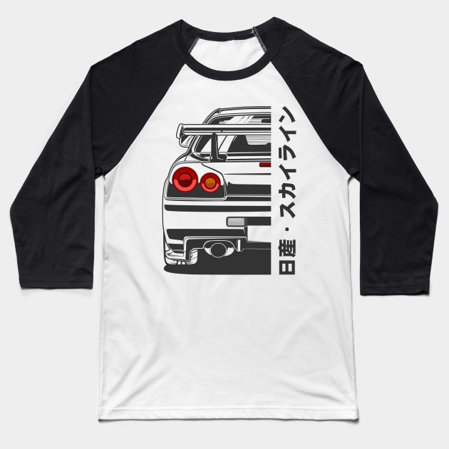 Nissan Skyline GTR R34 Line Art Illustration Baseball T-Shirt by idrdesign